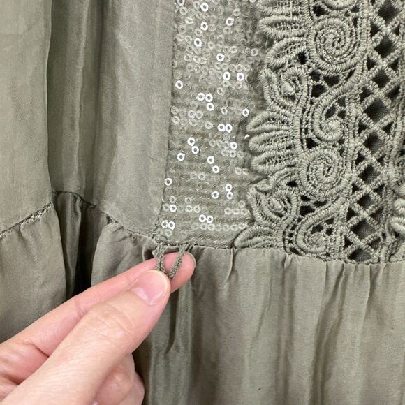 Scandal Italy Juliet Green Silk Blend Crochet Lace Flowy Tie Neck Top Womens O/S - Picture 10 of 13